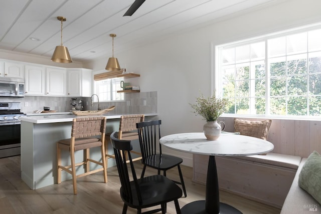 interior space featuring kitchen peninsula, a kitchen bar, backsplash, stainless steel appliances, and white cabinetry