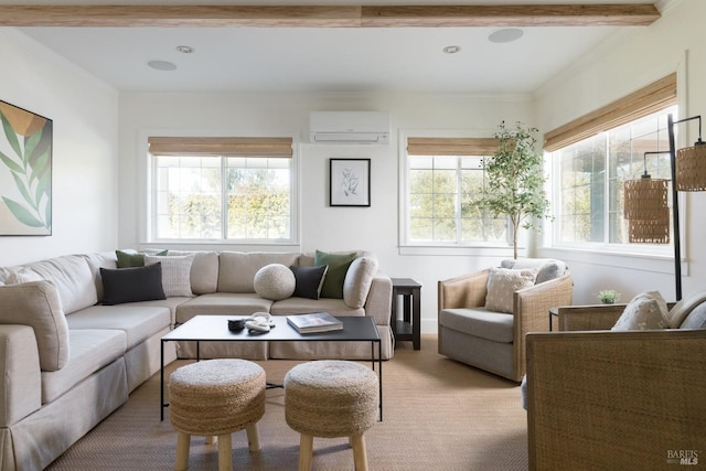 living room featuring beam ceiling, crown molding, light carpet, and a wall mounted AC