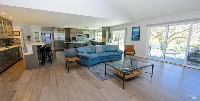 living room featuring vaulted ceiling and light hardwood / wood-style flooring