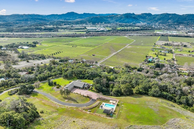 birds eye view of property featuring a mountain view and a rural view