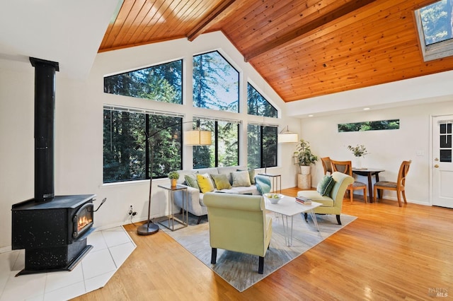 living room featuring wood finished floors, high vaulted ceiling, a wood stove, a skylight, and wood ceiling
