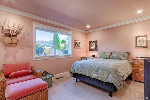 bedroom with ornamental molding, light colored carpet, visible vents, and recessed lighting