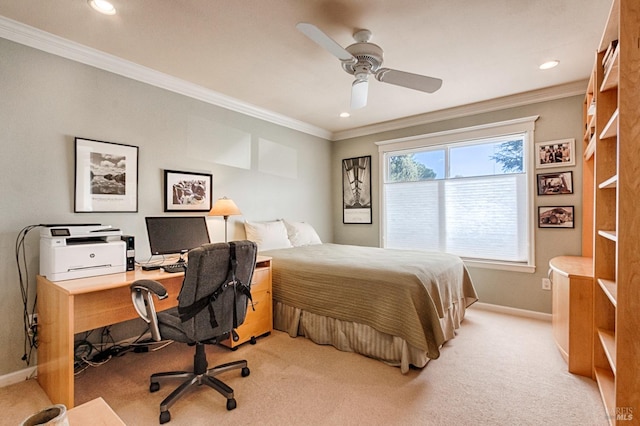 bedroom with light carpet, baseboards, ceiling fan, ornamental molding, and recessed lighting