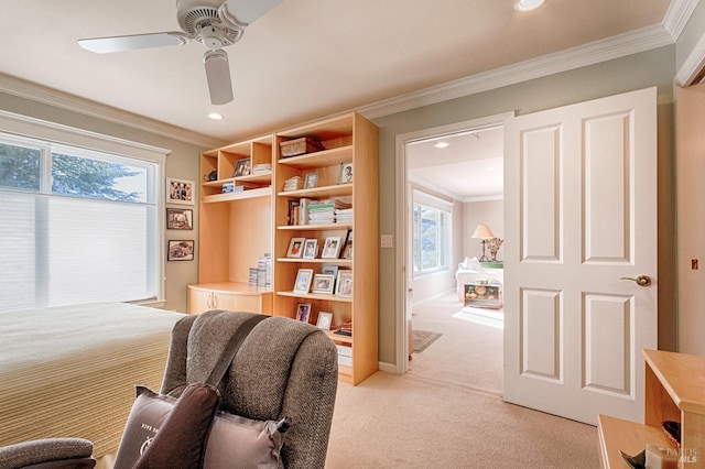 living area featuring light carpet, recessed lighting, and crown molding