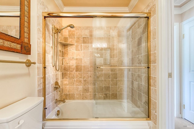 full bath featuring enclosed tub / shower combo, ornamental molding, and toilet