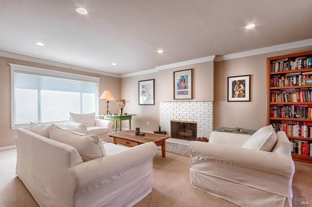 carpeted living room with a fireplace and ornamental molding