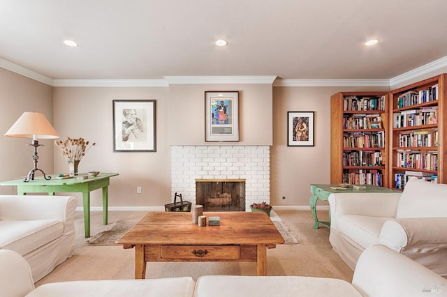 living area featuring crown molding, a fireplace, baseboards, and light colored carpet