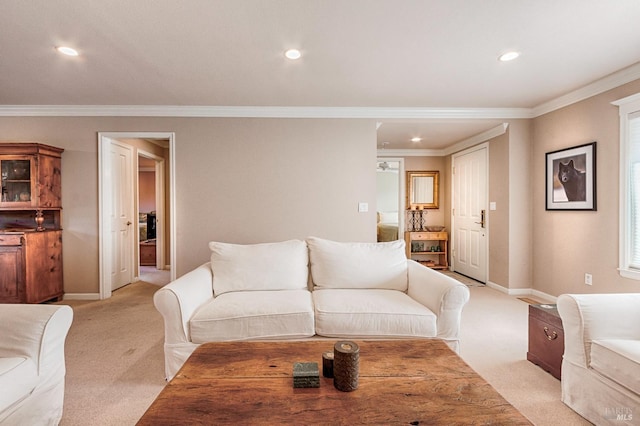 living room with light carpet, recessed lighting, and baseboards