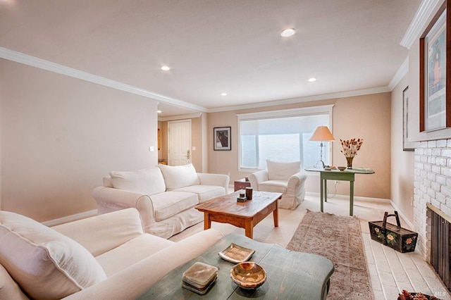 living room featuring a fireplace, baseboards, crown molding, and recessed lighting