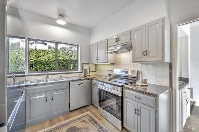 kitchen with sink, light hardwood / wood-style flooring, gray cabinets, appliances with stainless steel finishes, and decorative backsplash