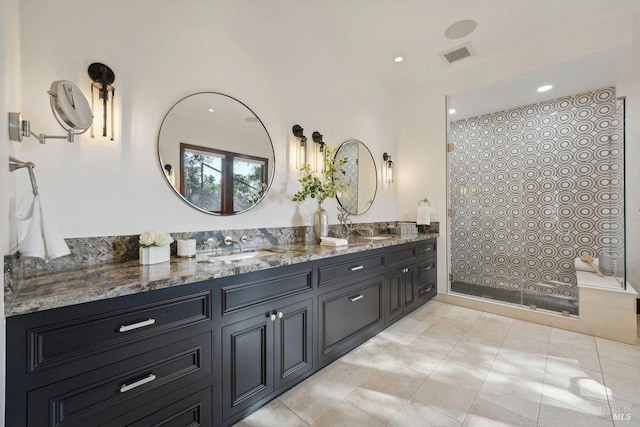 bathroom with tile patterned flooring, vanity, visible vents, and recessed lighting