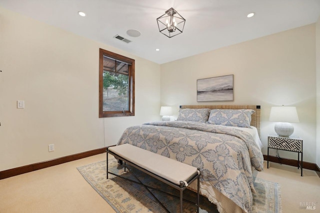 bedroom with a chandelier, recessed lighting, light carpet, visible vents, and baseboards