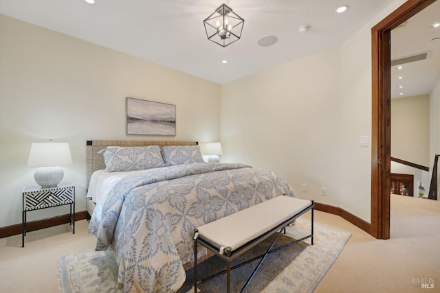 carpeted bedroom with recessed lighting and baseboards