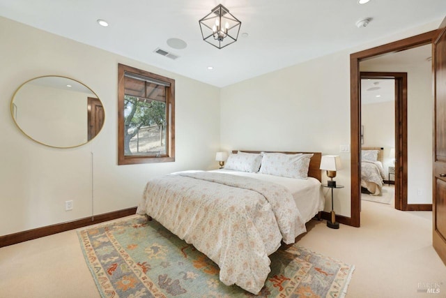 bedroom with a notable chandelier, recessed lighting, light colored carpet, visible vents, and baseboards