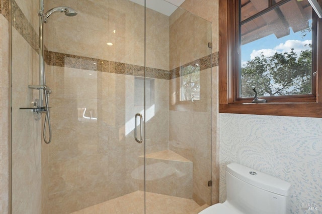 bathroom with toilet and a stall shower