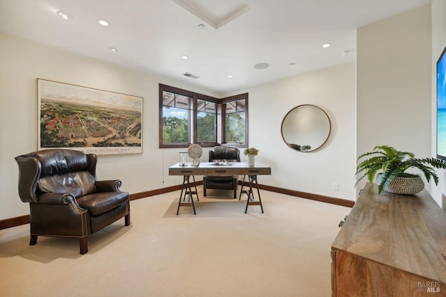 office featuring light carpet, baseboards, visible vents, and recessed lighting