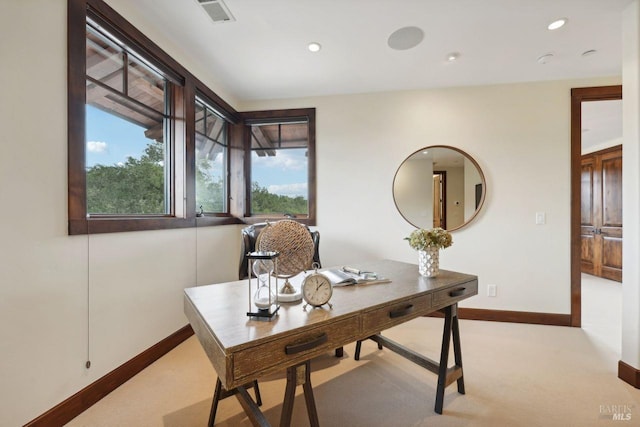 office area featuring recessed lighting, visible vents, light carpet, and baseboards