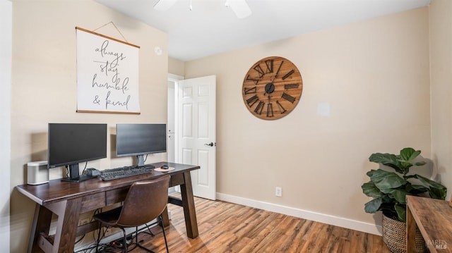 home office with ceiling fan and wood-type flooring