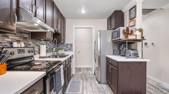 kitchen with appliances with stainless steel finishes, dark brown cabinetry, decorative backsplash, light hardwood / wood-style floors, and sink