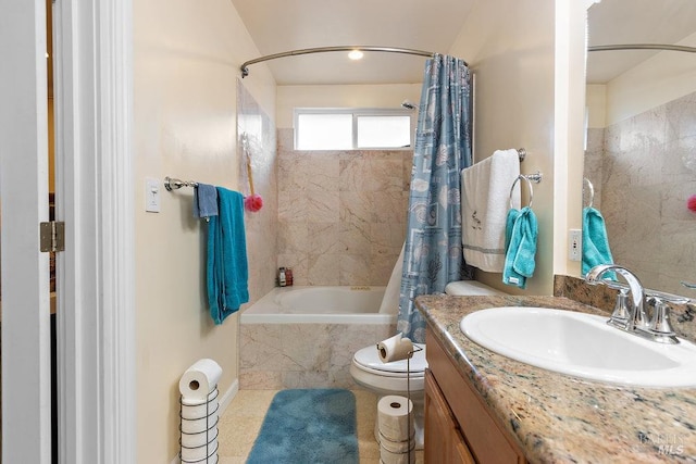 full bathroom featuring tile patterned flooring, vanity, toilet, and shower / tub combo with curtain