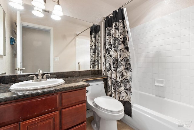 full bathroom with shower / bath combination with curtain, toilet, and vanity