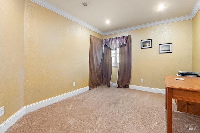 office space featuring light colored carpet and ornamental molding