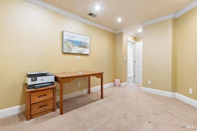 office area with light colored carpet and ornamental molding