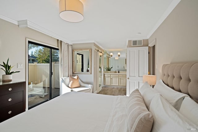 bedroom with access to outside, ornamental molding, visible vents, and light wood-style floors