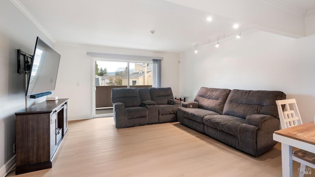 living area featuring rail lighting, baseboards, light wood finished floors, and ornamental molding