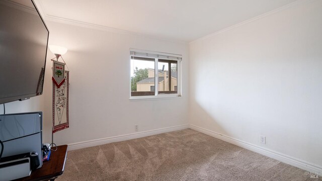 bedroom with light colored carpet and ornamental molding