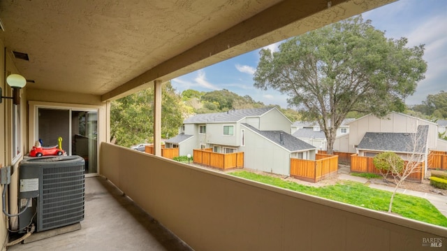 balcony featuring central air condition unit, visible vents, and a residential view