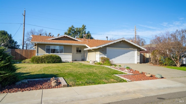 single story home with a garage and a front lawn