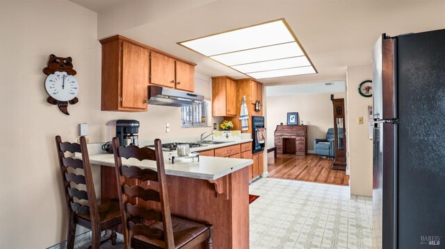 kitchen featuring a breakfast bar, sink, kitchen peninsula, and stainless steel appliances