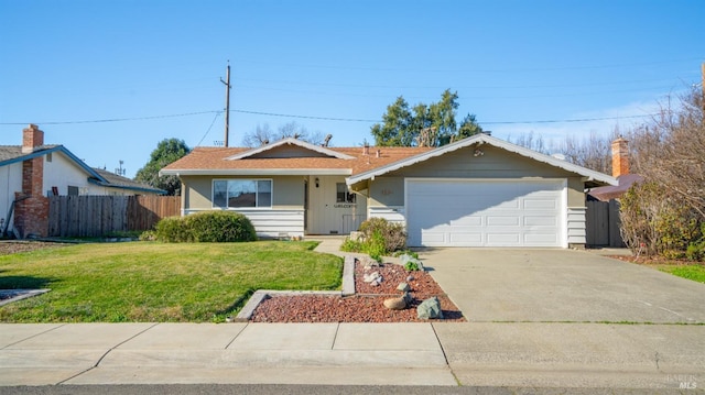 ranch-style home with a garage, concrete driveway, fence, and a front lawn