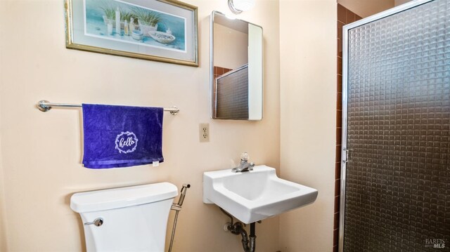 bathroom featuring walk in shower, sink, and toilet