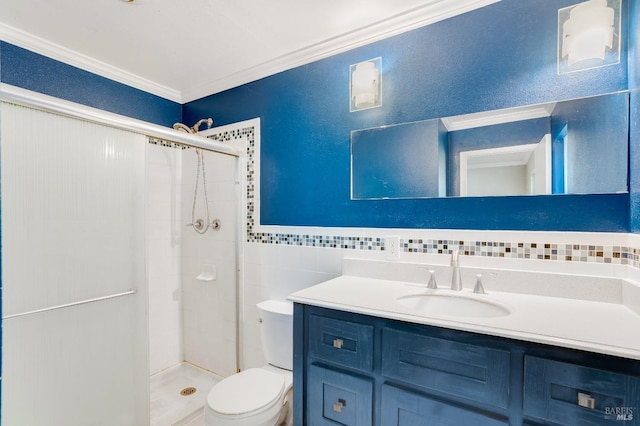 full bath featuring a textured wall, toilet, crown molding, vanity, and a shower stall