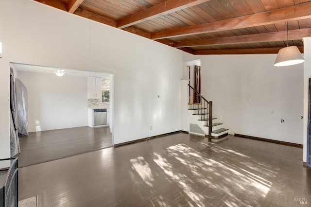 unfurnished living room featuring ceiling fan, lofted ceiling with beams, wood ceiling, baseboards, and stairway