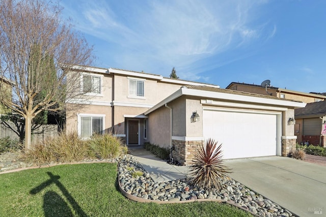 view of front facade featuring driveway, a garage, stone siding, a front lawn, and stucco siding