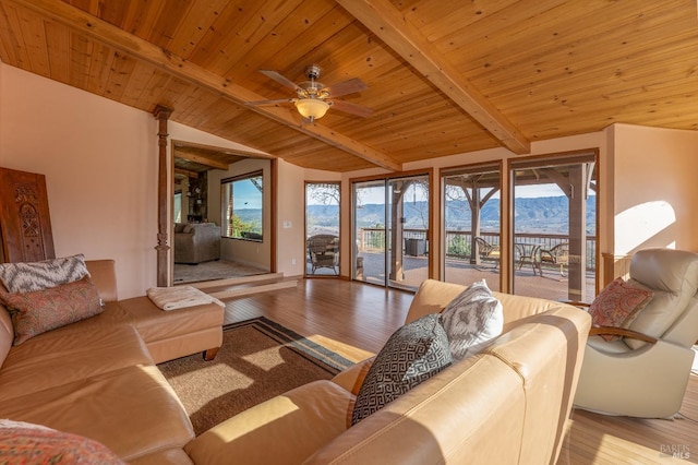 living room with a mountain view, light hardwood / wood-style floors, plenty of natural light, and wood ceiling