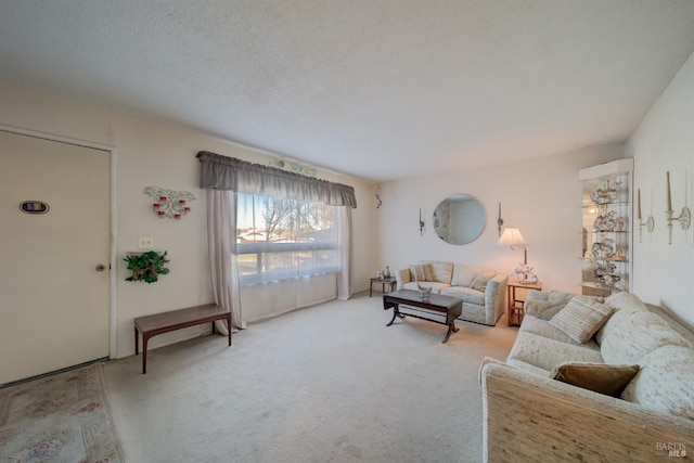 living room featuring a textured ceiling and light carpet