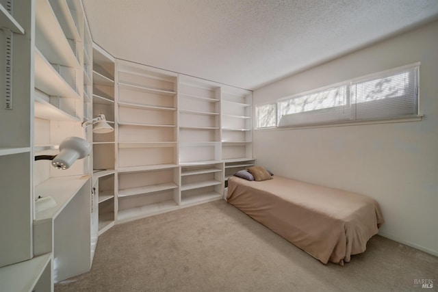 carpeted bedroom with a textured ceiling