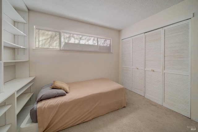 bedroom with a textured ceiling, a closet, light carpet, and multiple windows