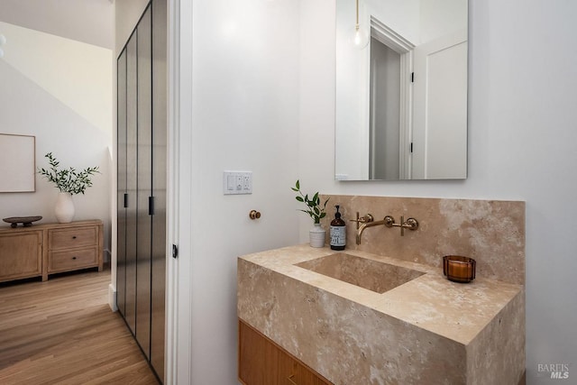 bathroom with hardwood / wood-style floors, backsplash, and vanity