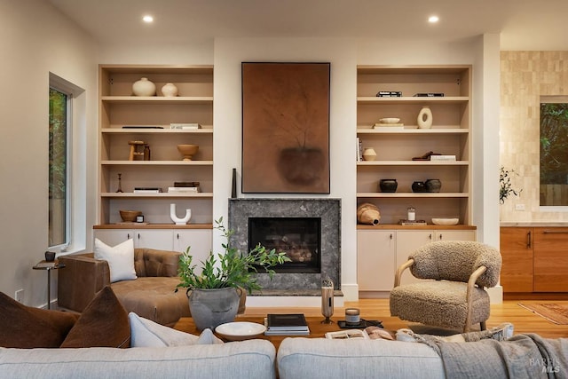 living room featuring a high end fireplace, light hardwood / wood-style flooring, and a wealth of natural light