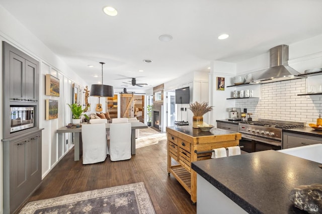 kitchen featuring hanging light fixtures, dark wood-type flooring, stainless steel appliances, ventilation hood, and backsplash