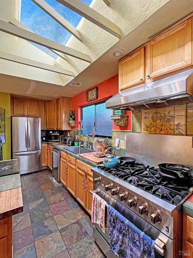 kitchen with under cabinet range hood, a sink, stone tile flooring, appliances with stainless steel finishes, and a skylight