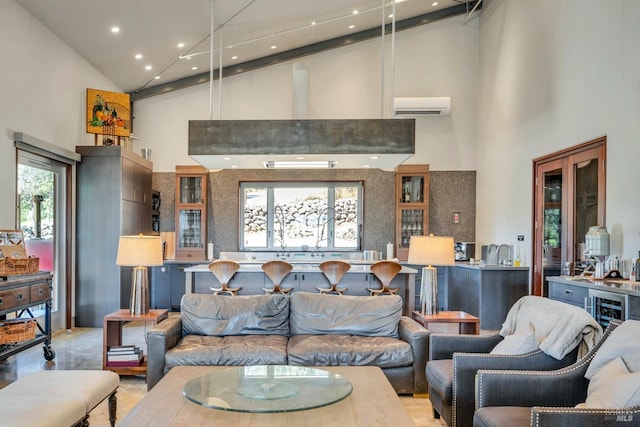 living room with recessed lighting, high vaulted ceiling, and a wall mounted air conditioner