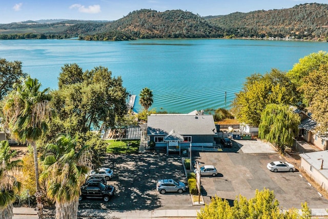 bird's eye view with a water and mountain view