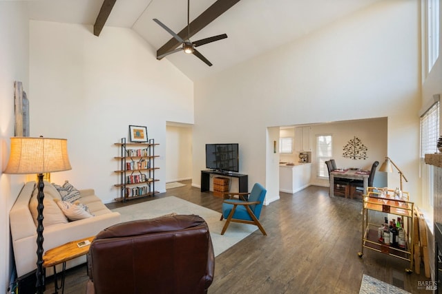 living room with high vaulted ceiling, ceiling fan, dark hardwood / wood-style floors, and beamed ceiling