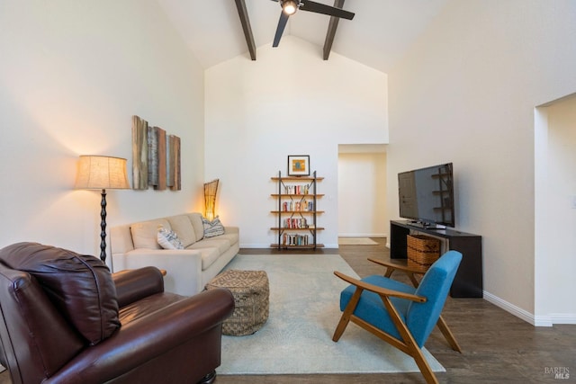 living room with high vaulted ceiling, hardwood / wood-style floors, beam ceiling, and ceiling fan